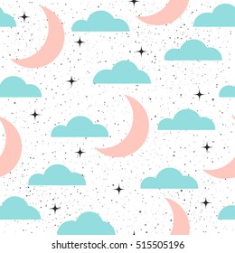 Moon, star and clouds sky seamless background. Black, blue and pink. Abstract seamless pattern for card, invitation, poster, banner, placard, diary, album, sketch book cover etc. 