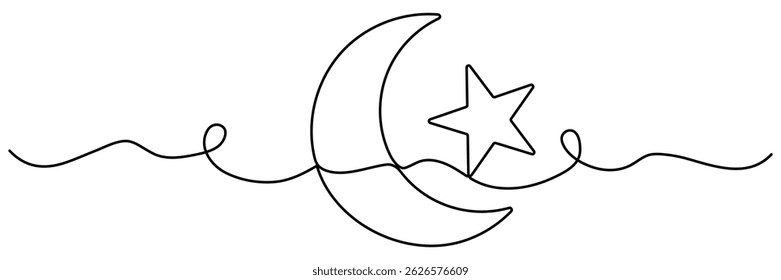 Moon with star continuous line drawing. Vector illustration isolated on white.