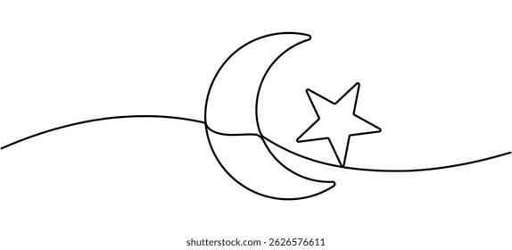 Lua com desenho em linha contínua de estrela. Ilustração vetorial isolada em branco.