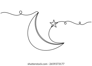 Moon and star continuous one line drawing minimalist style crescent night outline vector illustration