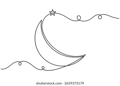 Moon and star continuous one line drawing minimalist style crescent night outline vector illustration