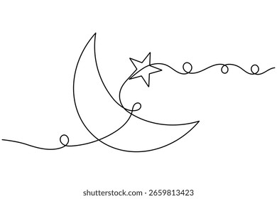 Moon and star continuous one line drawing minimalist style crescent night outline vector illustration