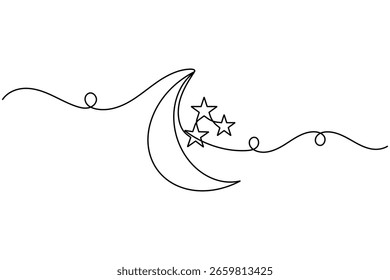 Mond und Stern durchgehende einzeilige Zeichnung minimalistischen Stil Halbmond Nacht Umriss Vektorgrafik