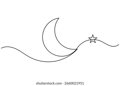 Moon and star continuous one line drawing minimalist style crescent night outline vector illustration