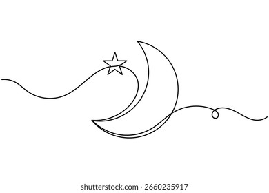 Luna y estrella continua de una línea de dibujo de estilo minimalista Ilustración vectorial de contorno nocturno de media luna