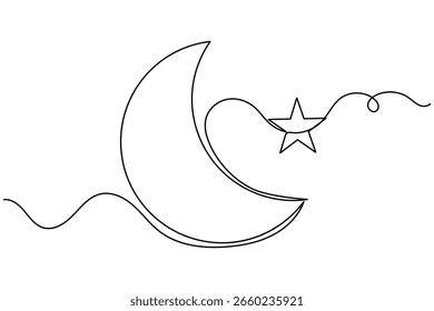 Lua e estrela contínua um desenho de linha estilo minimalista crescente noite delinear vetor ilustração