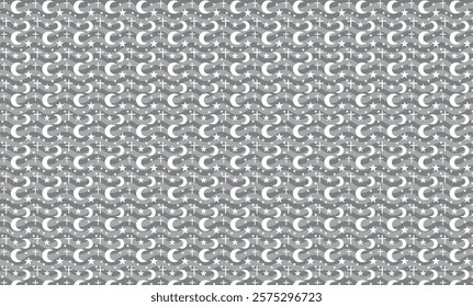 Moon and star with cross, repeat gothic pattern, in gray tones with white