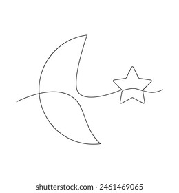 Luna y estrella dibujadas en una línea continua. Dibujo de una línea, minimalismo. Ilustración vectorial.