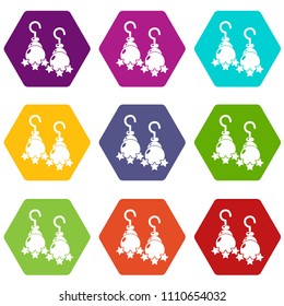 Moon star earrings icons 9 set coloful isolated on white for web