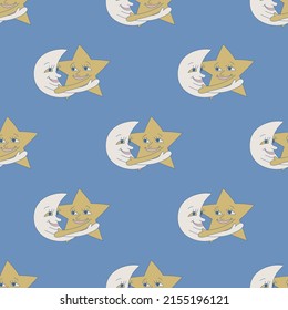 Moon and star embrace vector seamless pattern. Cute repeat background for textile, design, fabric, cover etc.