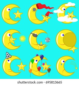 Moon and star emoji vector set