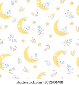 Moon And Star With Flowers Seamless Pattern