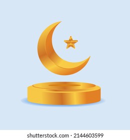 Moon and star gold 3d podium islamic element for ramadan and eid al-fitr design vector art