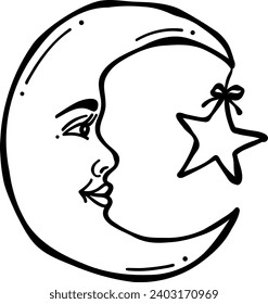 Moon with a star, hand drawn line art vector illustration, clip art crescent, isolated