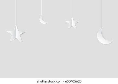 Moon And Star Hanging Background. Paper Art. Vector Illustration