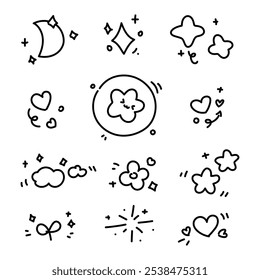 Moon, Star, Heart, Cloud, cartoon outline doodle hand drawn cartoon