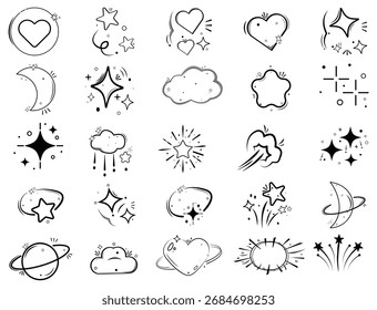 Moon star heart cloud cartoon outline doodle hand drawn cartoon
