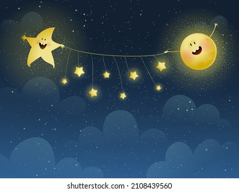 Moon and Star holding garland of stars at dark cosmos sky. Stars at night cute moon kids wallpaper design. Dark blue cosmos scene with clouds and star at night. Vector design in watercolor style.