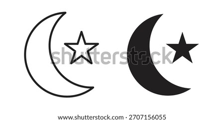 Moon and star icon in a black stroke vector design and flat solid version on white background
