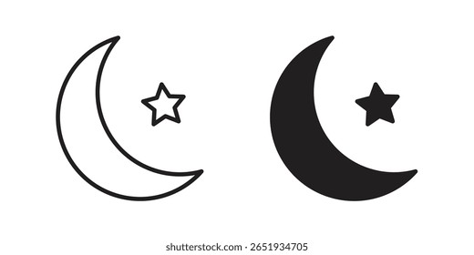 Moon and star icon. Flat and stroke versions. Graphic elements.