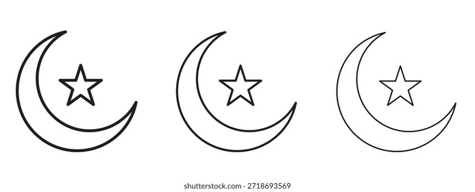 Conjunto de pictograma negro con logotipo de luna y estrella. arte de contorno de línea delgada.