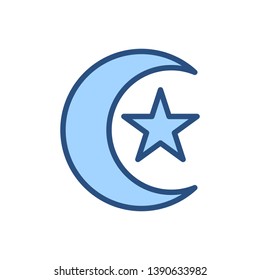 Moon and star icon logo. Islamic sign symbol. Muslim pray. Ramadan Kareem.