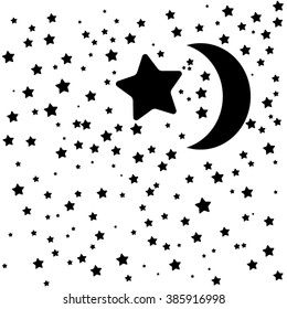 moon star icon.  night sky with stars and moon. vector illustration. Space landscape with silhouette crescent moon