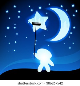 moon star icon.  night sky with stars and moon. vector illustration. Space landscape with silhouette crescent moon. Boy cleaning stars and moon.