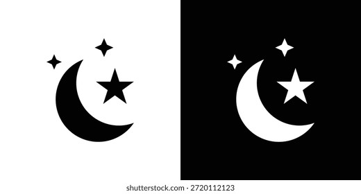 Moon and star icon simple flat graphic illustrations. Black and white silhouette vector