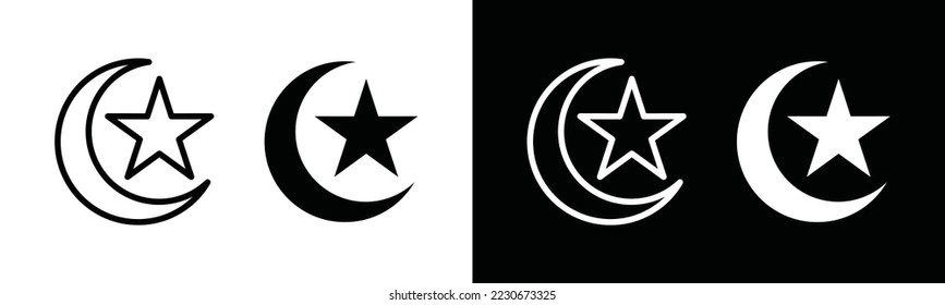Moon and star icon. Moon stars sign silhouette in flat and outline style, vector illustration