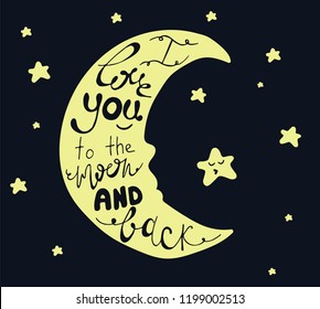 Moon and star kiss & lettering: "I love you to the moon and back"