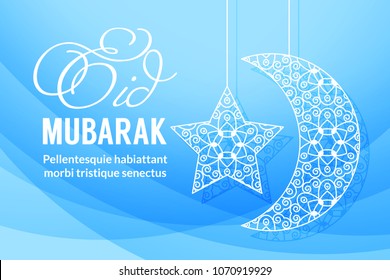 Moon and star, lettering Eid Mubarak on abstract blue backround. Vector card for holy month of muslim community Ramadan Kareem celebration