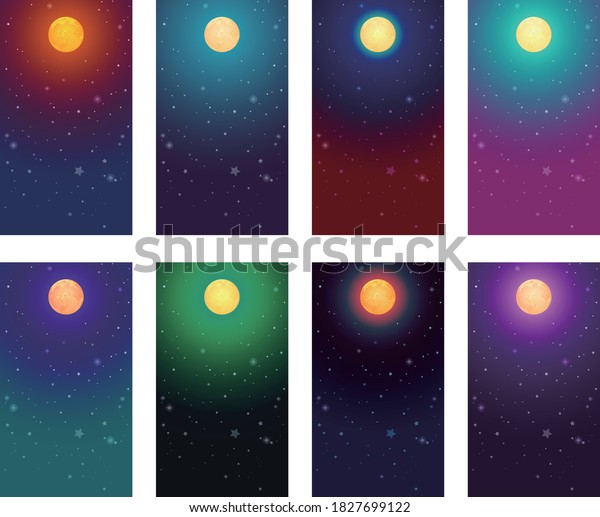 夜の壁紙スマートフォンサイズイラストセットの月と星のライト のベクター画像素材 ロイヤリティフリー