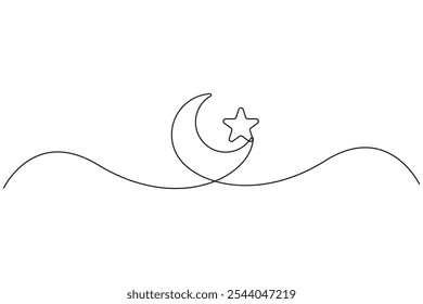 Moon and star line art. Minimalist celestial design. Simple curved outline. Vector graphic element.