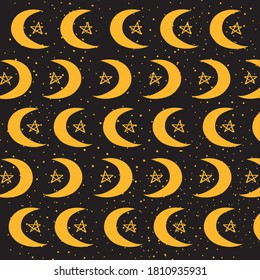 Moon and star magic pattern. Yellow planet on black background. Halloween vector illustration. Dots and lines simple cosmos landscape. 