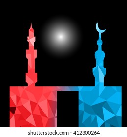 moon star and masjid with multicolor on low poly vector background