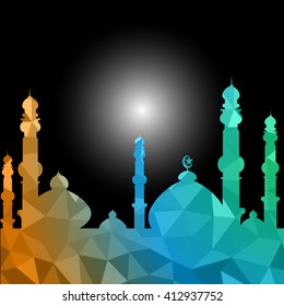 moon star and masjid with multicolor on low poly vector background