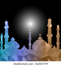moon star and masjid with multicolor on low poly vector background