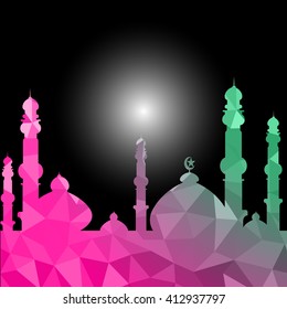 moon star and masjid with multicolor on low poly vector background