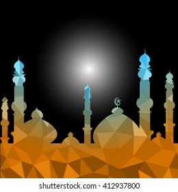 moon star and masjid with multicolor on low poly vector background