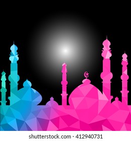 moon star and masjid with multicolor on low poly vector background