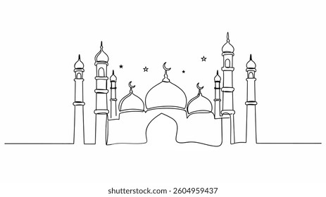 Moon, star, mosque, prayer hands as a symbol of Holey Eid, Eid Mubarak in Continuous single line drawn concept isolated on white background.