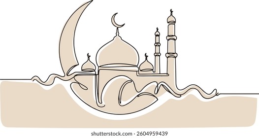 Moon, star, mosque, prayer hands as a symbol of Holey Eid, Eid Mubarak in Continuous single line drawn concept isolated on white background.