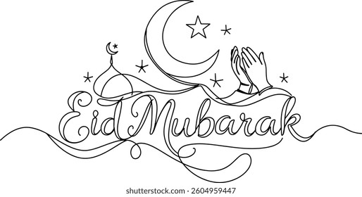 Moon, star, mosque, prayer hands as a symbol of Holey Eid, Eid Mubarak in Continuous single line drawn concept isolated on white background.