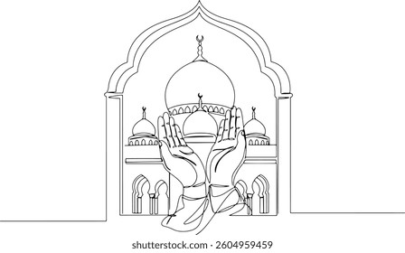 Moon, star, mosque, prayer hands as a symbol of Holey Eid, Eid Mubarak in Continuous single line drawn concept isolated on white background.