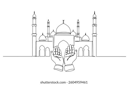 Moon, star, mosque, prayer hands as a symbol of Holey Eid, Eid Mubarak in Continuous single line drawn concept isolated on white background.