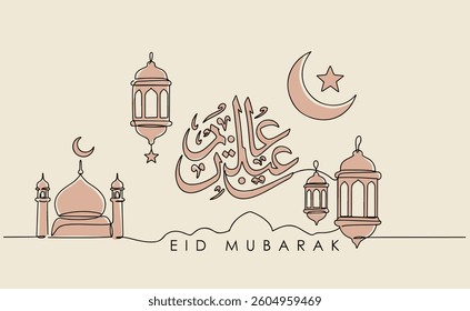 Moon, star, mosque, prayer hands as a symbol of Holey Eid, Eid Mubarak in Continuous single line drawn concept isolated on white background.