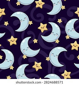 Moon Star Night Sky Cartoon Seamless Pattern