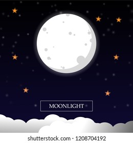Moon and star in the night sky. Vector illustration.