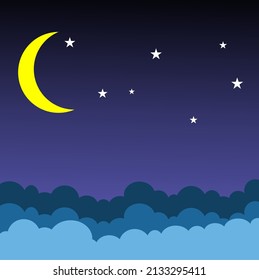 Moon and star on dark blue sky with cloud. Night sky. Nature concept. Vector illustration.